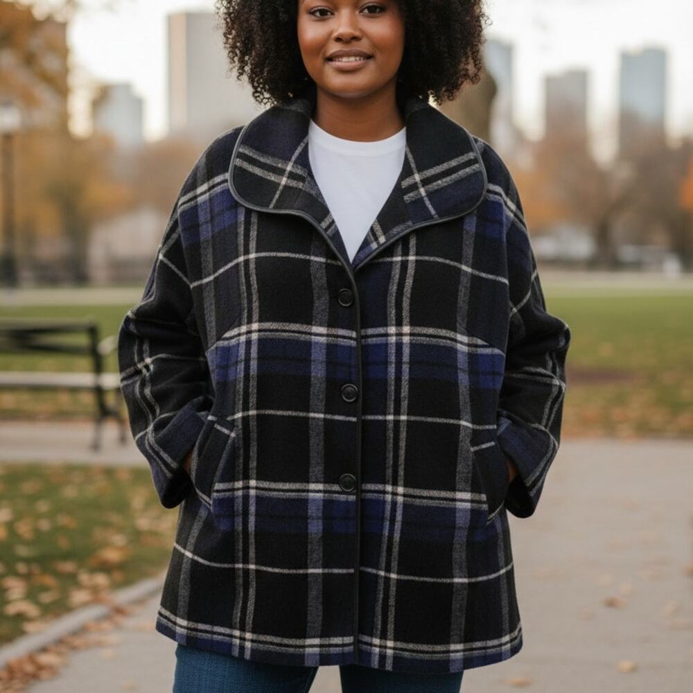 Woman Within Wool Blend Coat Womens Size 16W Black & Blue Plaid Outerwear 16 XL - Picture 1 of 7